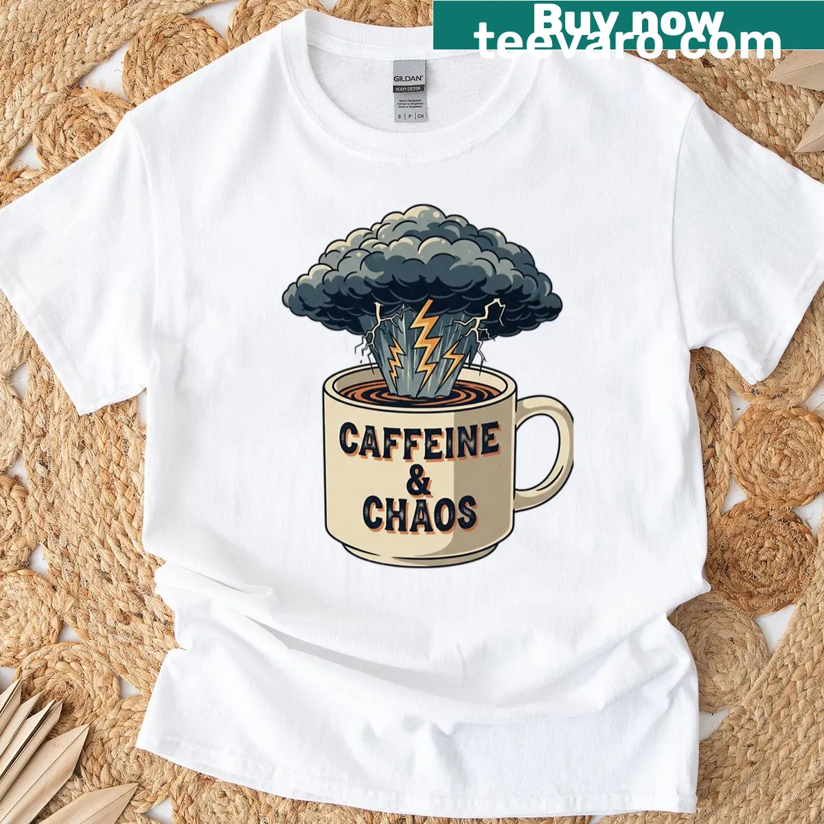 Distressed vintage shirt with chaotic coffee themed text and graphics — on a men's t-shirt