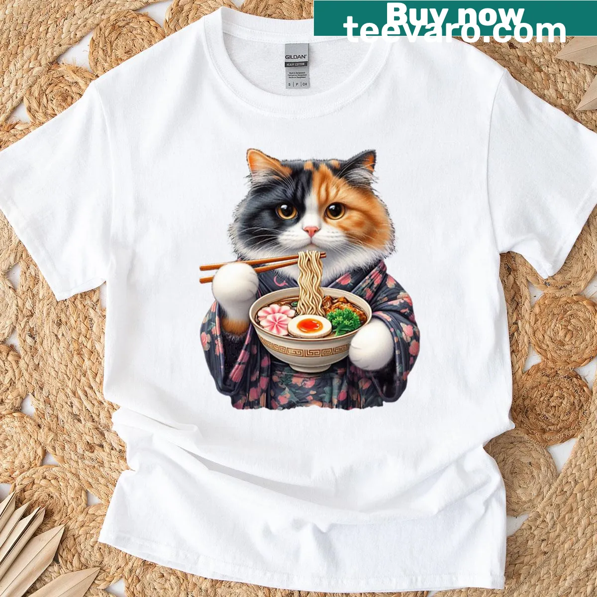 Illustration of a calico cat in a ramen bowl t-shirt — on a men's t-shirt