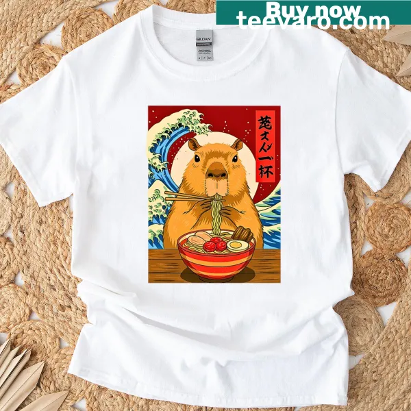Kawaii anime t-shirt featuring a capybara and ramen