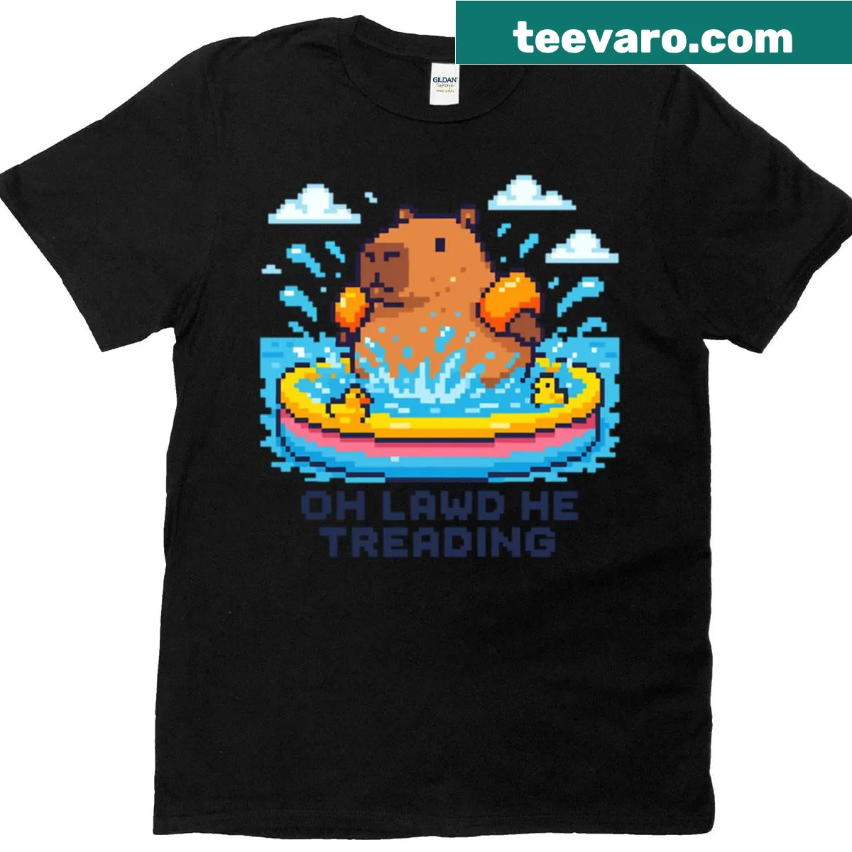 Pixel art capybara on a float for a playful T-shirt — on a men's t-shirt