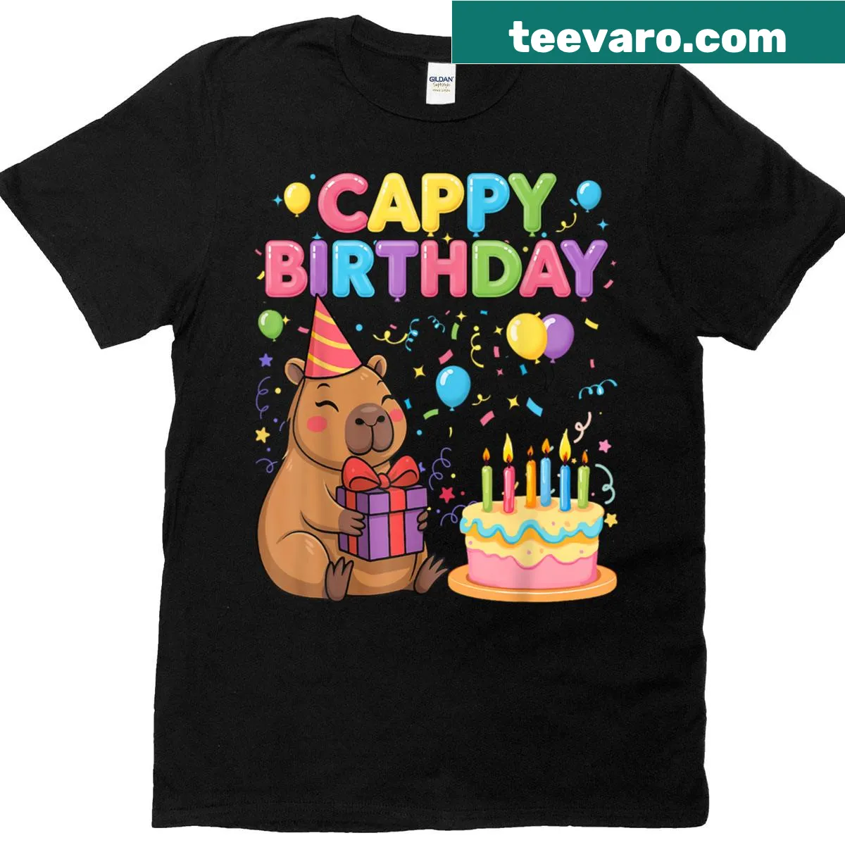 Cute capybaras celebrating a birthday graphic — on a men's t-shirt