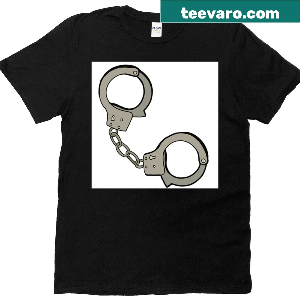 Cartoon handcuffs graphic on a t-shirt — on a men's t-shirt