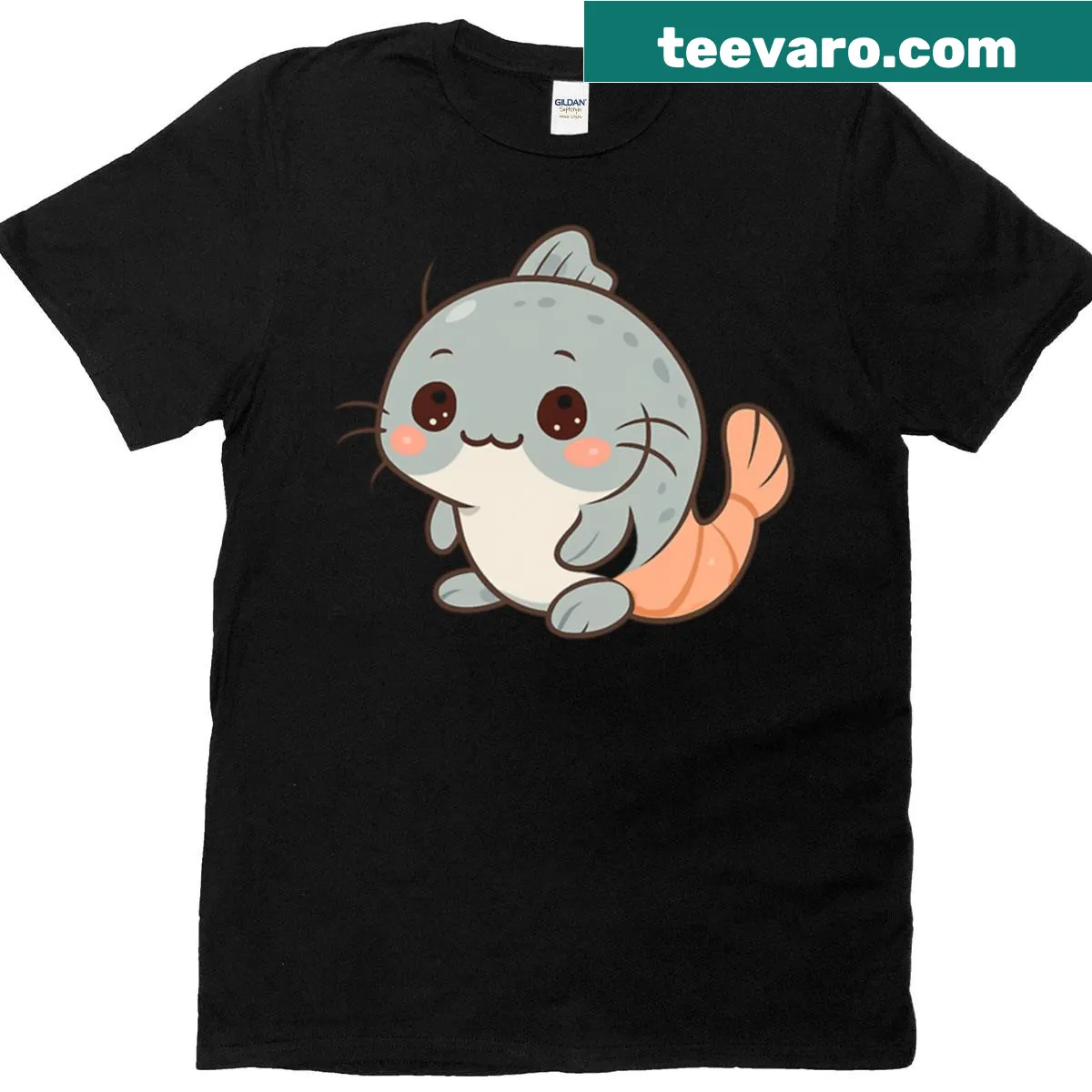 Cute T-shirt featuring a catfish and shrimp fusion graphic — on a men's t-shirt
