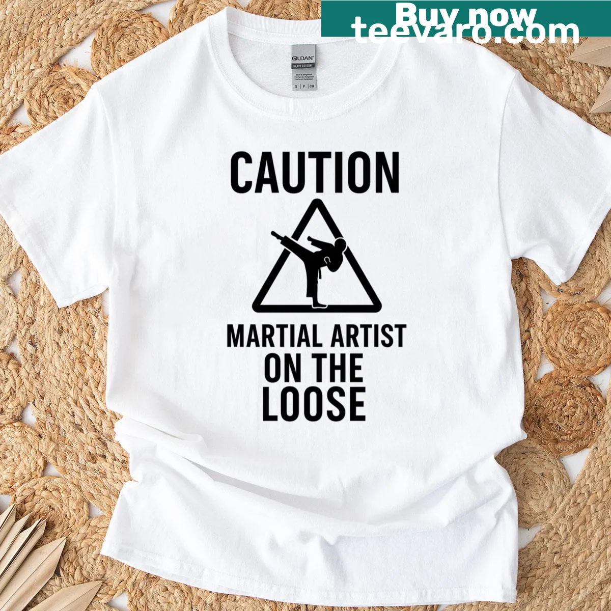 Funny martial artist warning sign graphic on T-shirt — on a men's t-shirt