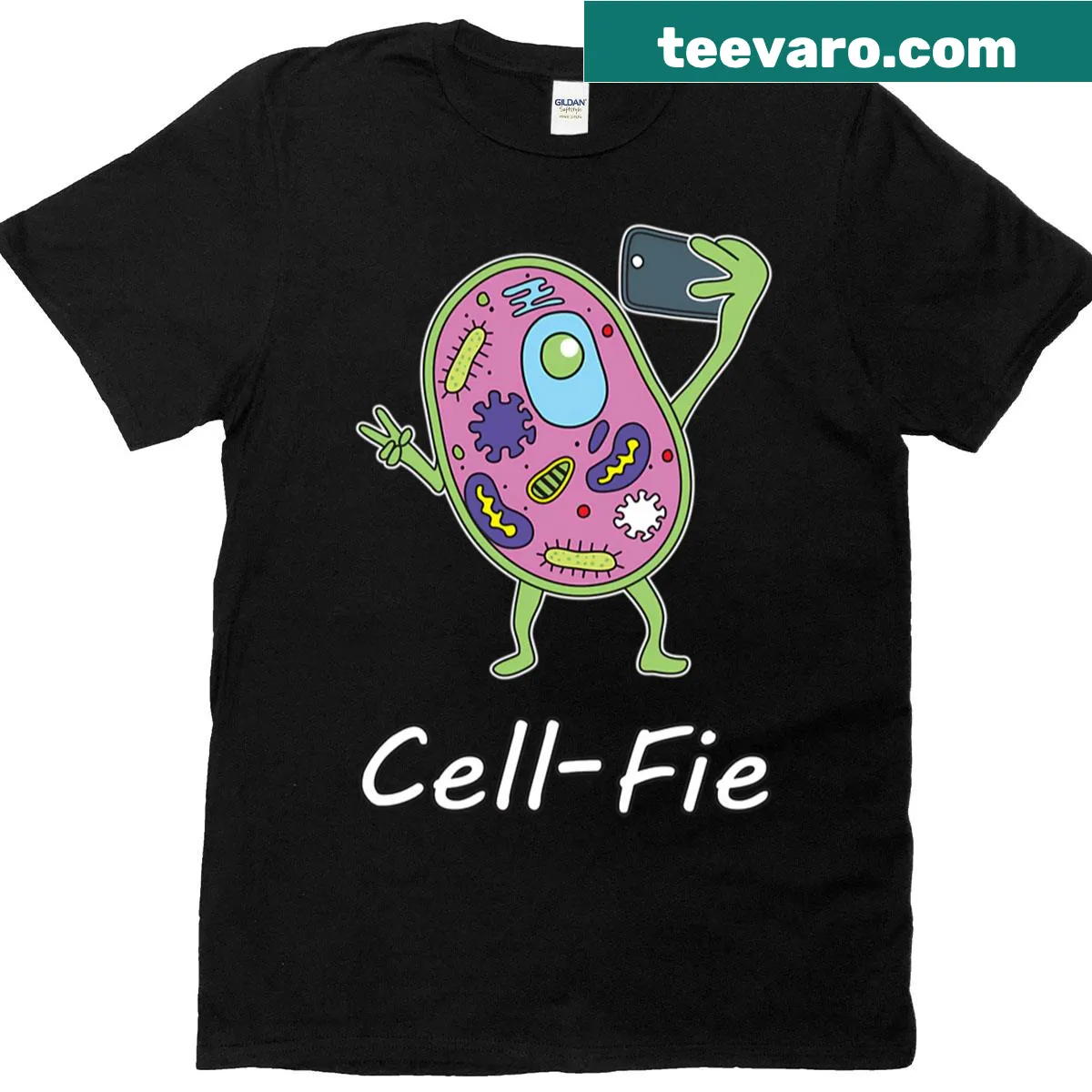 Funny science-themed T-shirt with 'Cell-fie' text — on a men's t-shirt