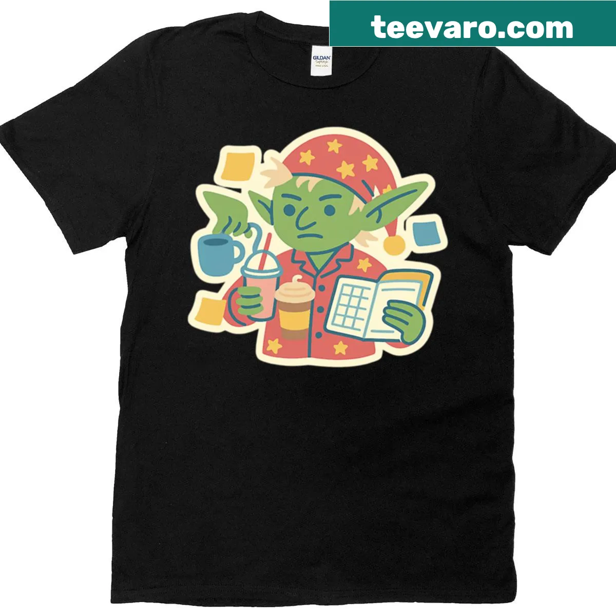 Whimsical goblin-themed graphic on a t-shirt. — on a men's t-shirt