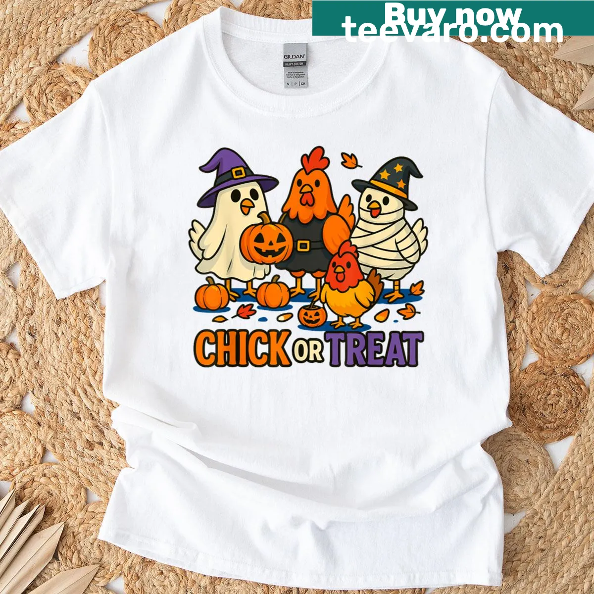 Funny Halloween t-shirt with cartoon chicken and 'Chick Or Treat' slogan — on a men's t-shirt