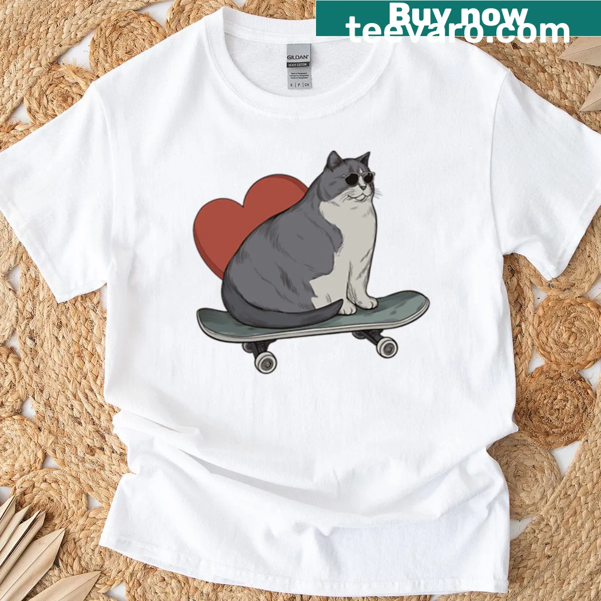 Chonky cat skateboard graphic with hearts on a boxy t-shirt — on a men's t-shirt