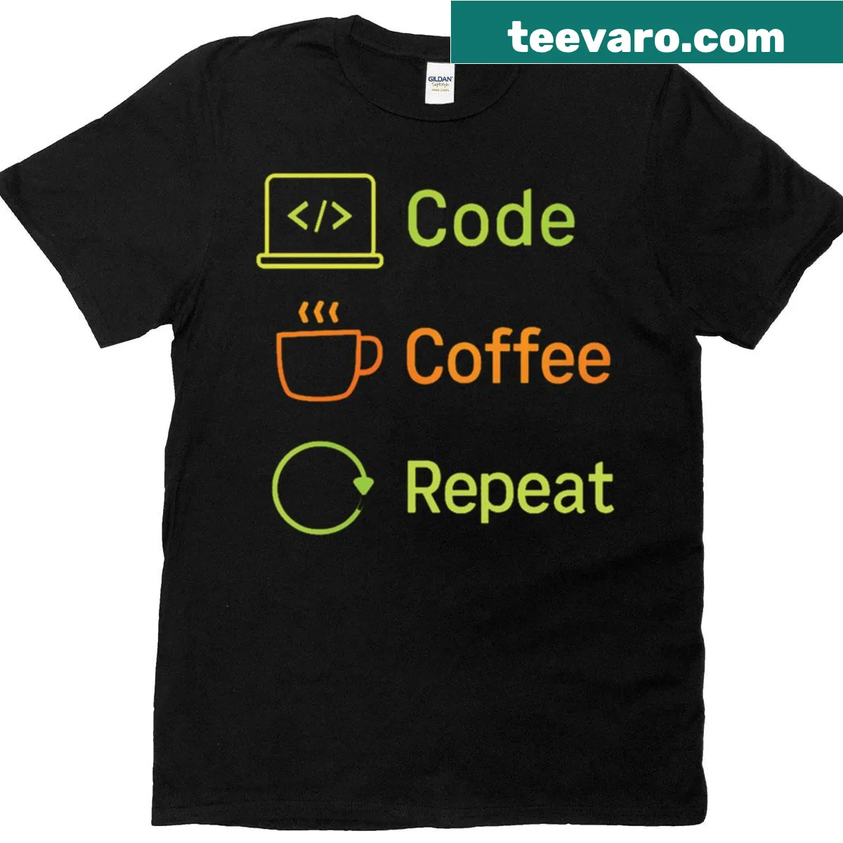 Text design featuring 'Code Coffee Repeat' on a t-shirt — on a men's t-shirt