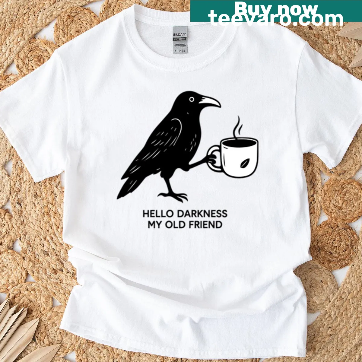 Raven on a coffee cup design for fall and Halloween T-shirt — on a men's t-shirt