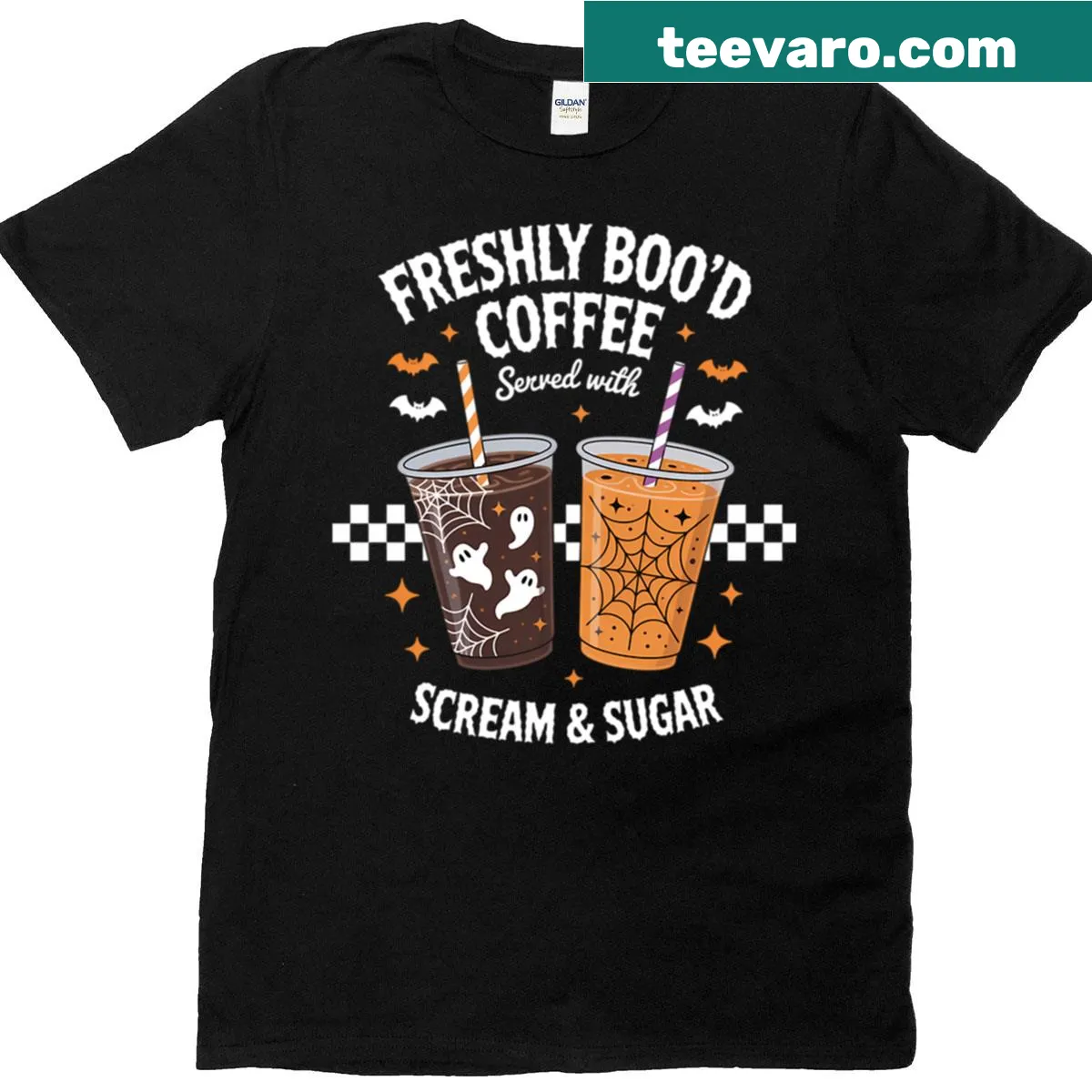 Funny Halloween tee with ghost and coffee theme — on a men's t-shirt
