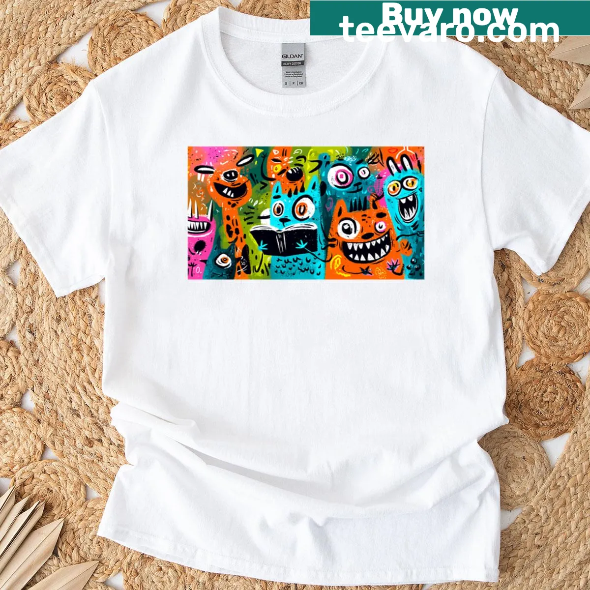 Illustration of wild monsters reading books on a T-shirt — on a men's t-shirt