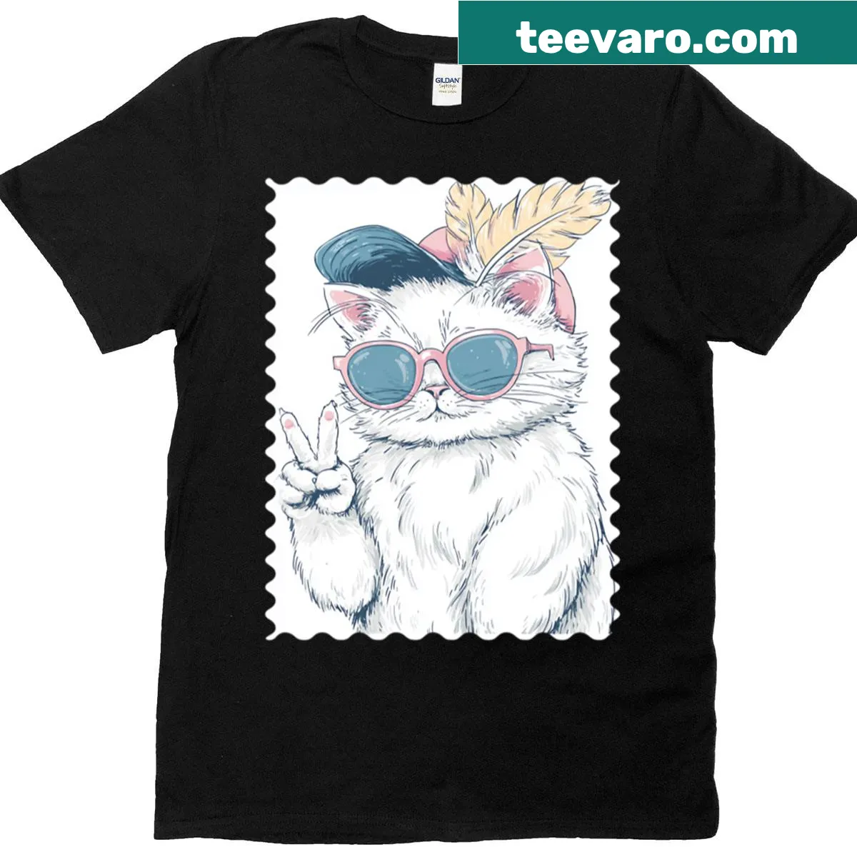 Cartoon cat with peace sign graphic on a t-shirt — on a men's t-shirt