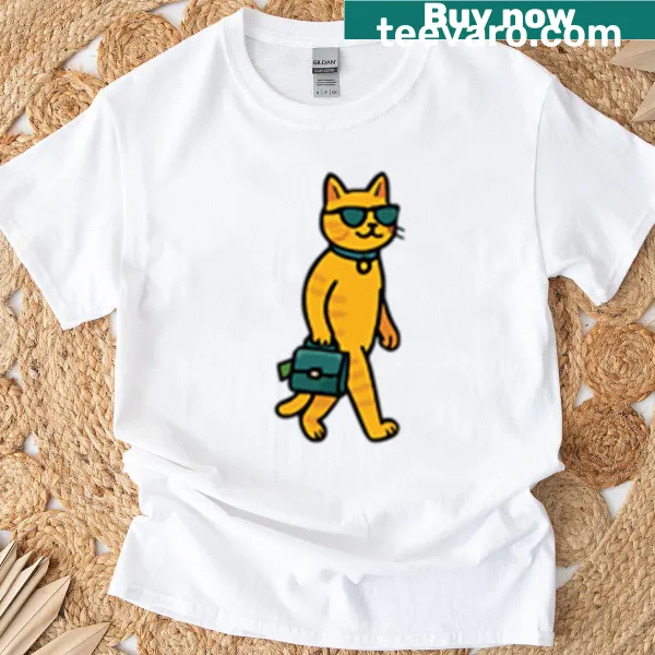 Cartoon cat walking with a briefcase graphic t-shirt