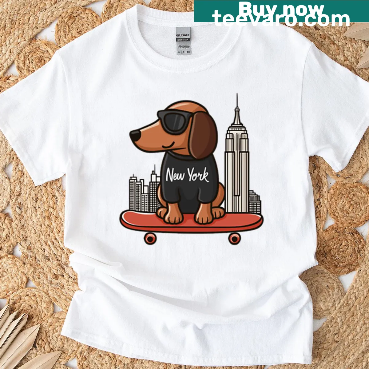 Illustrated dachshund skater in New York on a stylish oversized tee — on a men's t-shirt