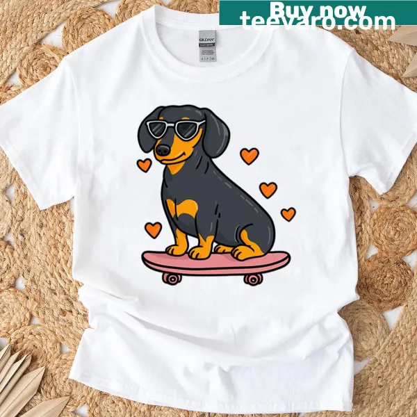 Cute dachshund on a pink skateboard graphic