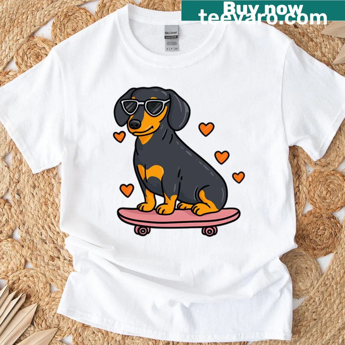 Cute dachshund on a pink skateboard graphic — on a men's t-shirt