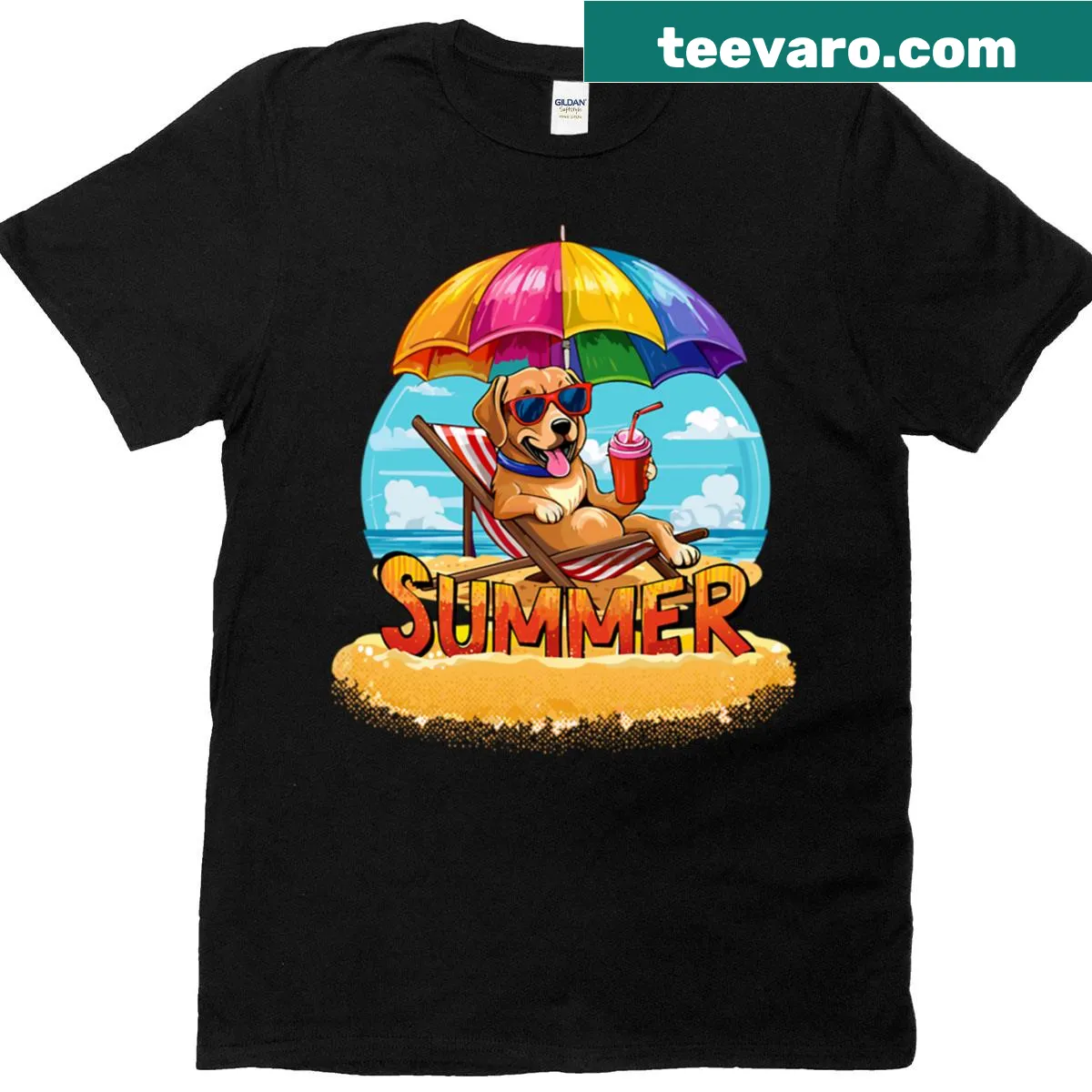 T-shirt with a cool dog lounging on the beach in a fun summer design. — on a men's t-shirt