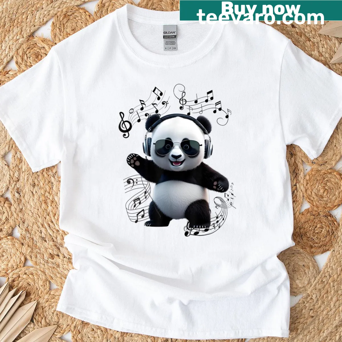 Cartoon panda wearing headphones and sunglasses on t-shirt — on a men's t-shirt