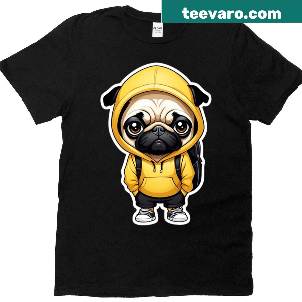 Stylish pug with backpack in urban art graphic — on a men's t-shirt