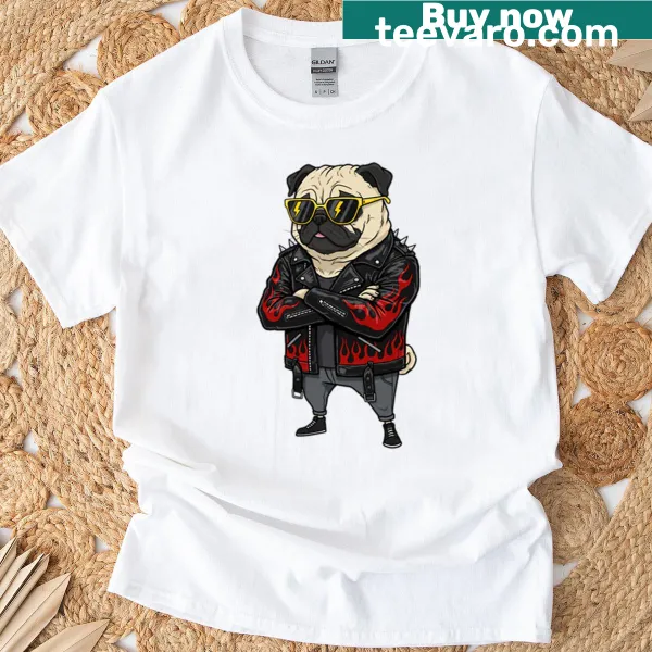 Illustration of a cool pug in a flame jacket and sunglasses