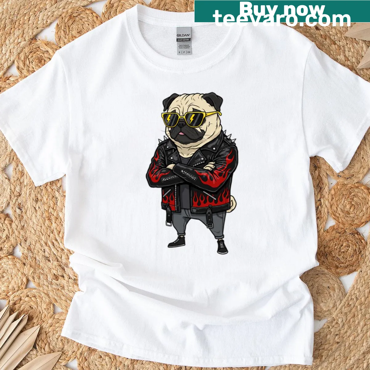 Illustration of a cool pug in a flame jacket and sunglasses — on a men's t-shirt