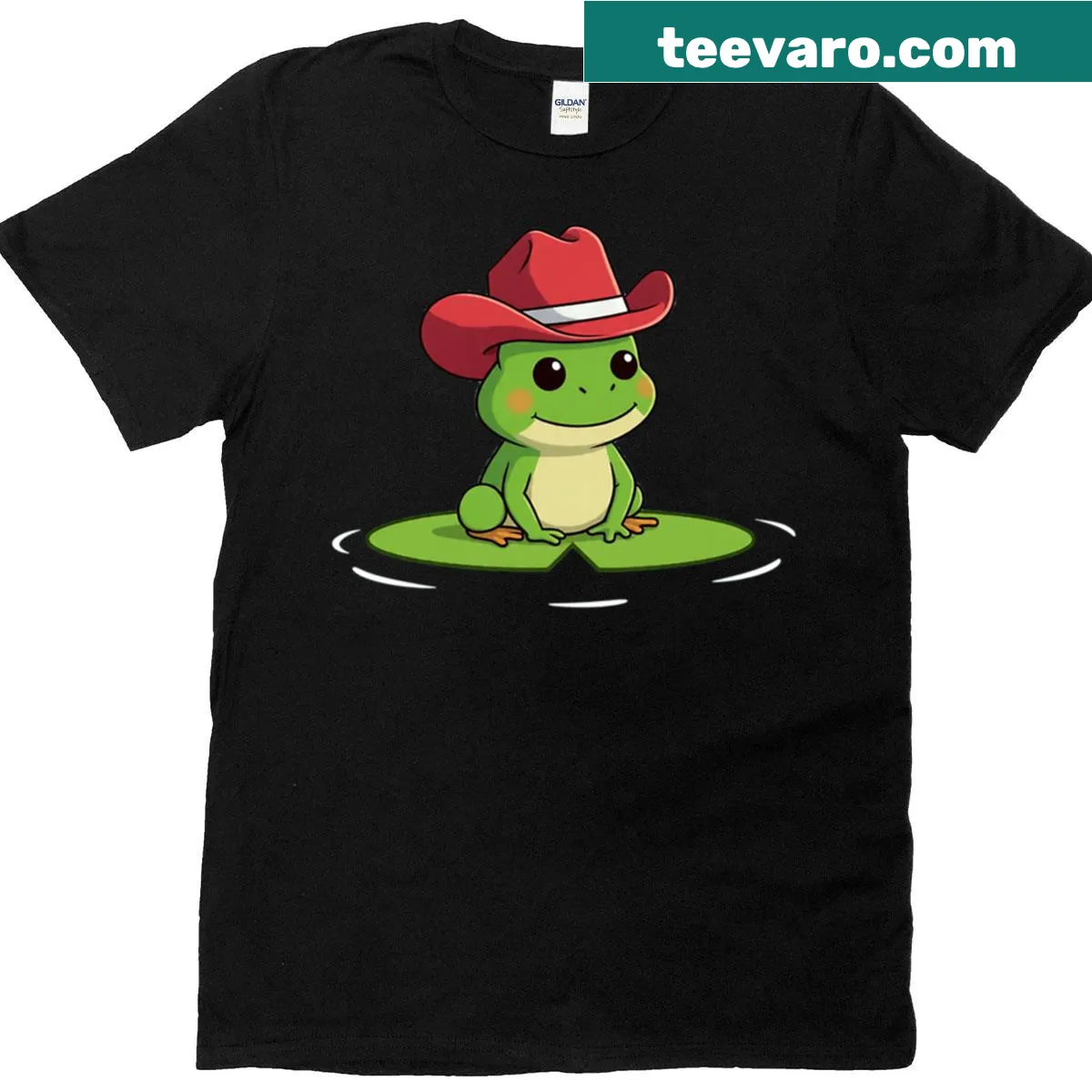 Oversized T-shirt with a cartoon cowboy frog on a lily pad — on a men's t-shirt