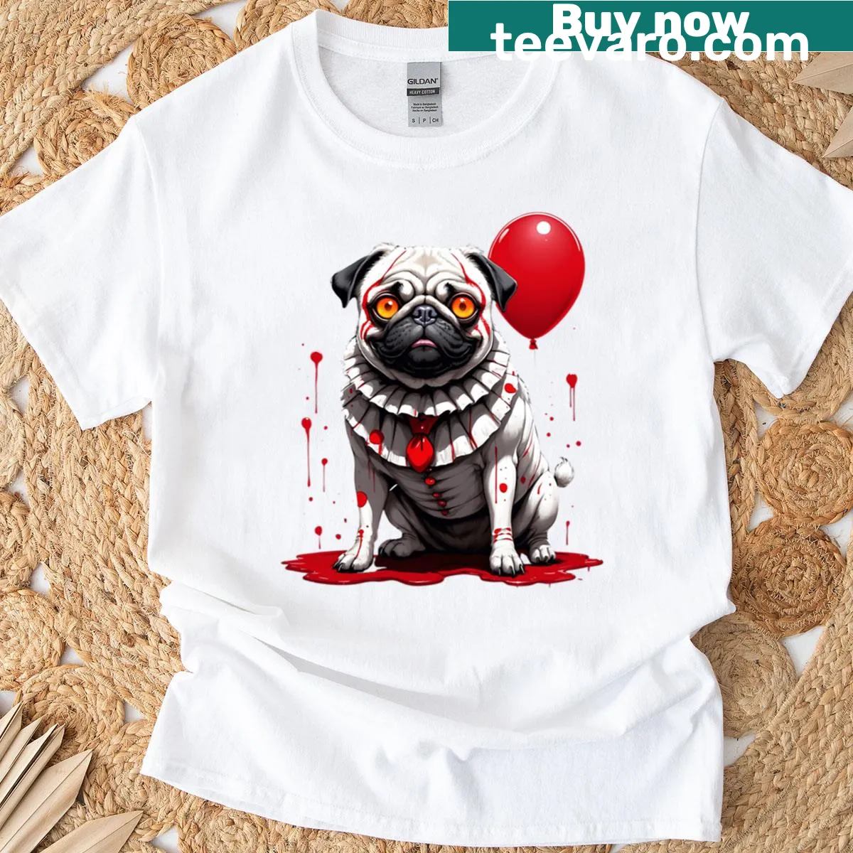 T-shirt featuring a creepy clown pug holding a red balloon — on a men's t-shirt