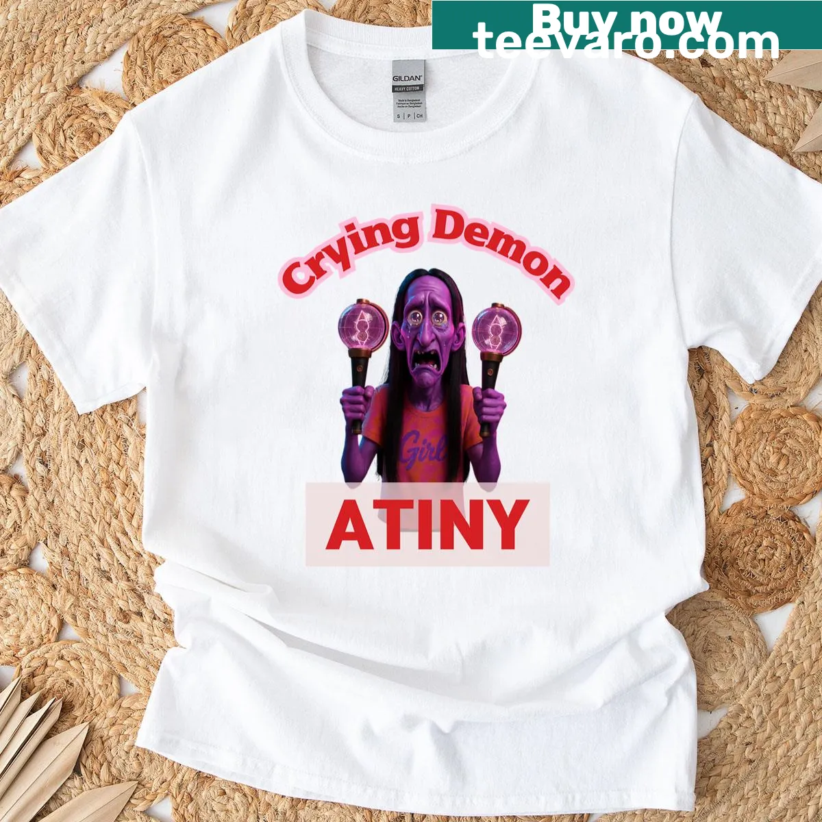 Illustration of a crying demon for K-pop fans on a T-shirt — on a men's t-shirt