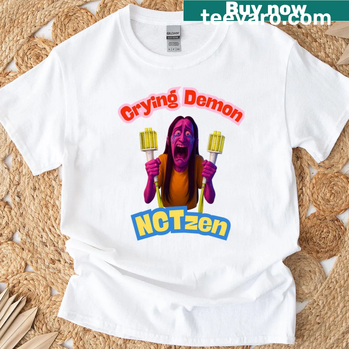 Cartoon crying demon graphic for K-pop fans — on a men's t-shirt