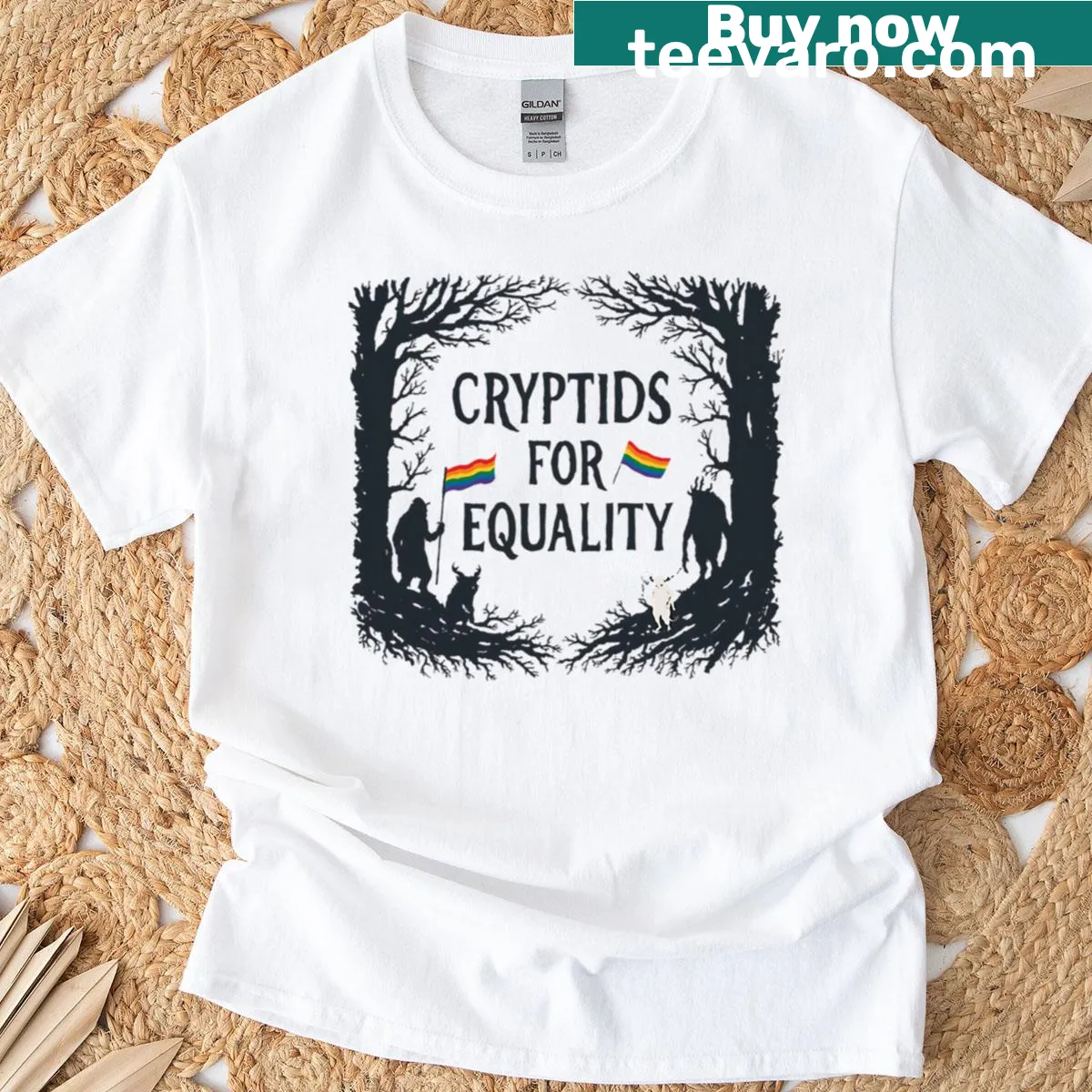 Illustration of cryptids marching in a pride parade — on a men's t-shirt
