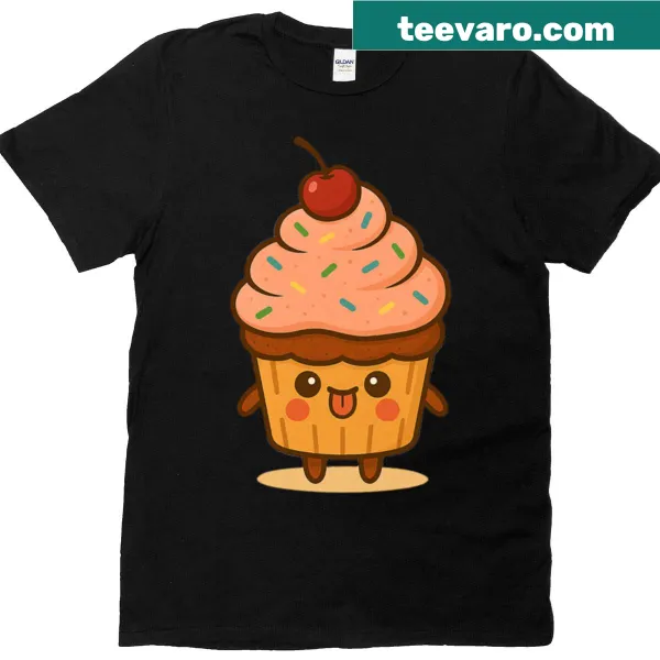 Cute cartoon cupcake graphic on a kids' t-shirt.