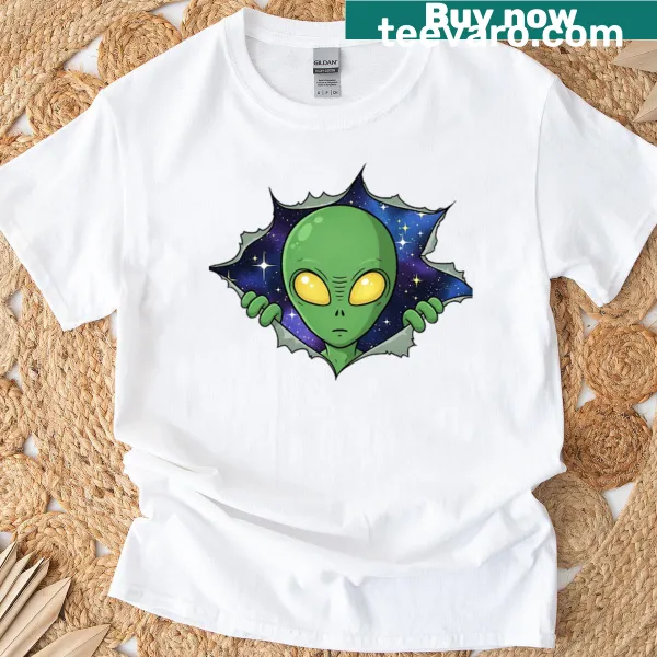 Illustration of a curious green alien peeking through fabric