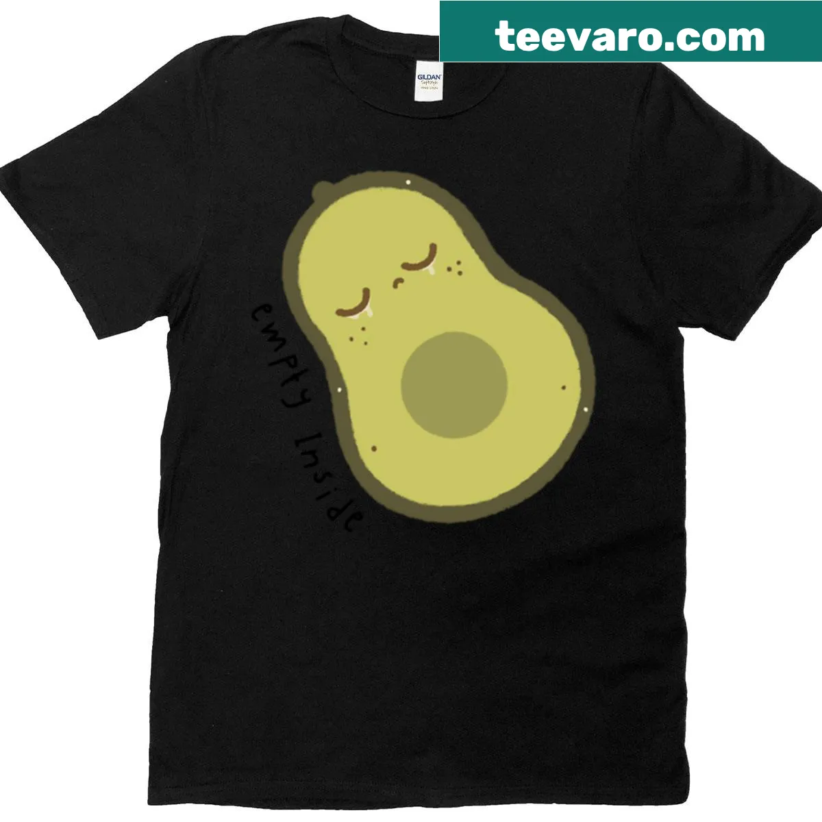 Cute sad cartoon avocado graphic — on a men's t-shirt