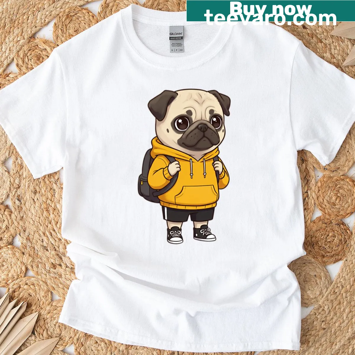 Adorable pug illustration with a backpack on a t-shirt. — on a men's t-shirt