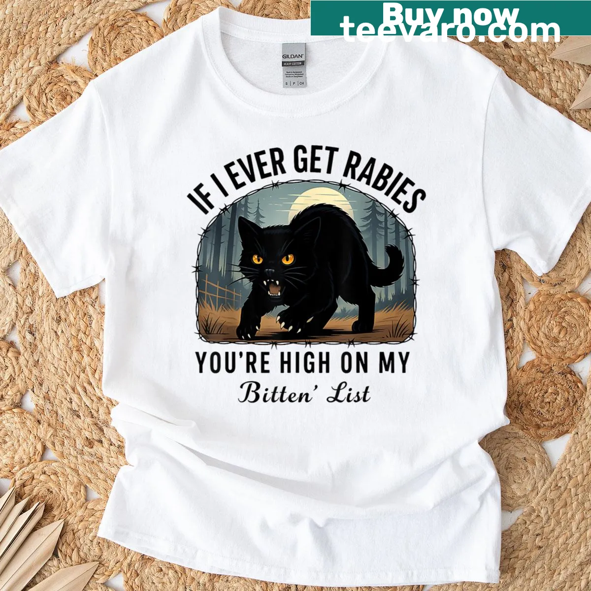 Funny cat t-shirt with humorous text about rabies and biting — on a men's t-shirt