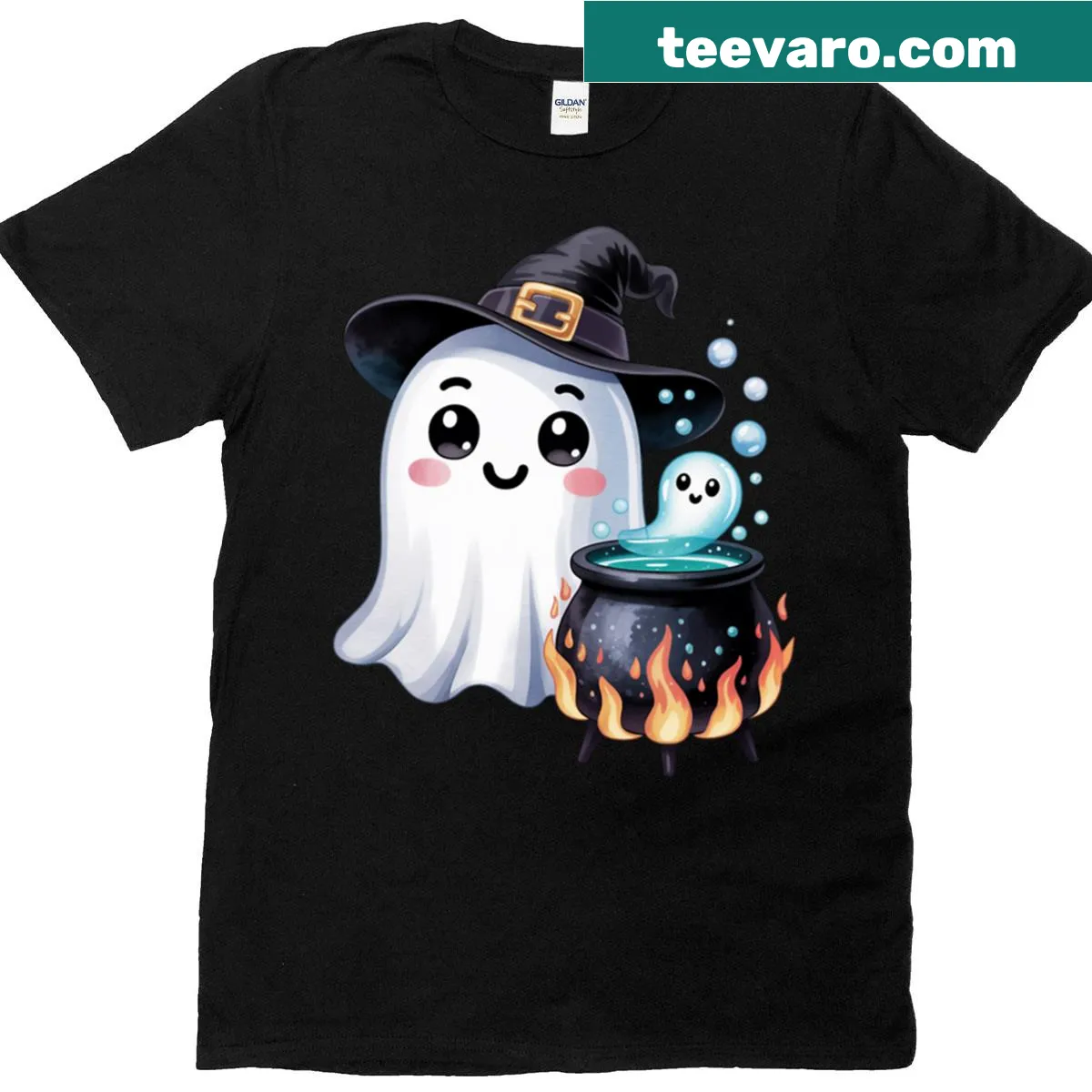 Cartoon ghost with a black pot on an oversized t-shirt — on a men's t-shirt