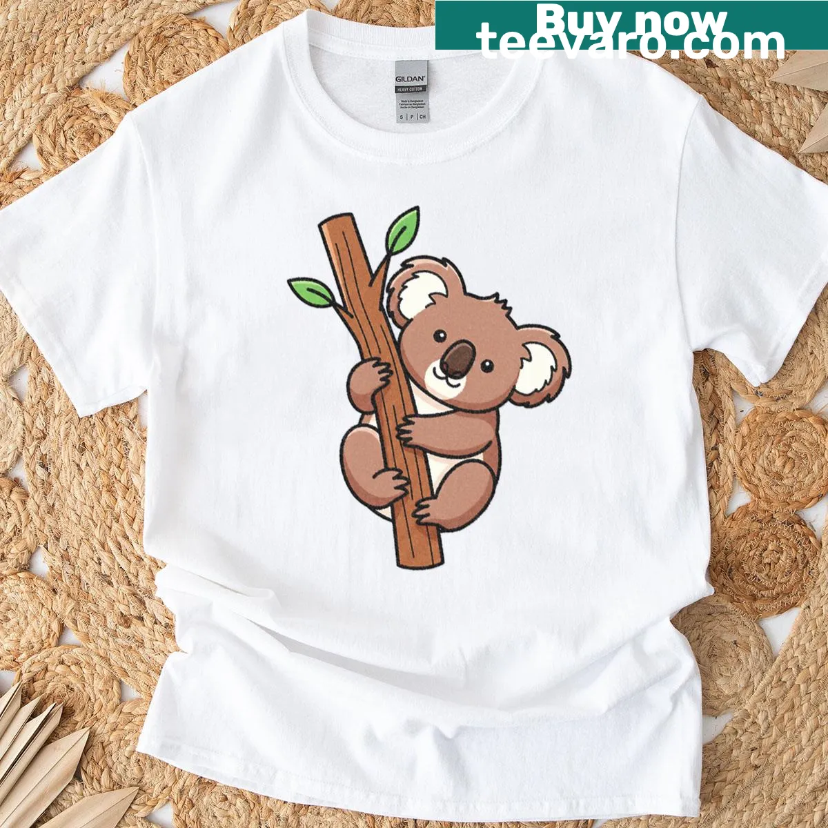 Illustration of a cute koala hugging a tree branch — on a men's t-shirt