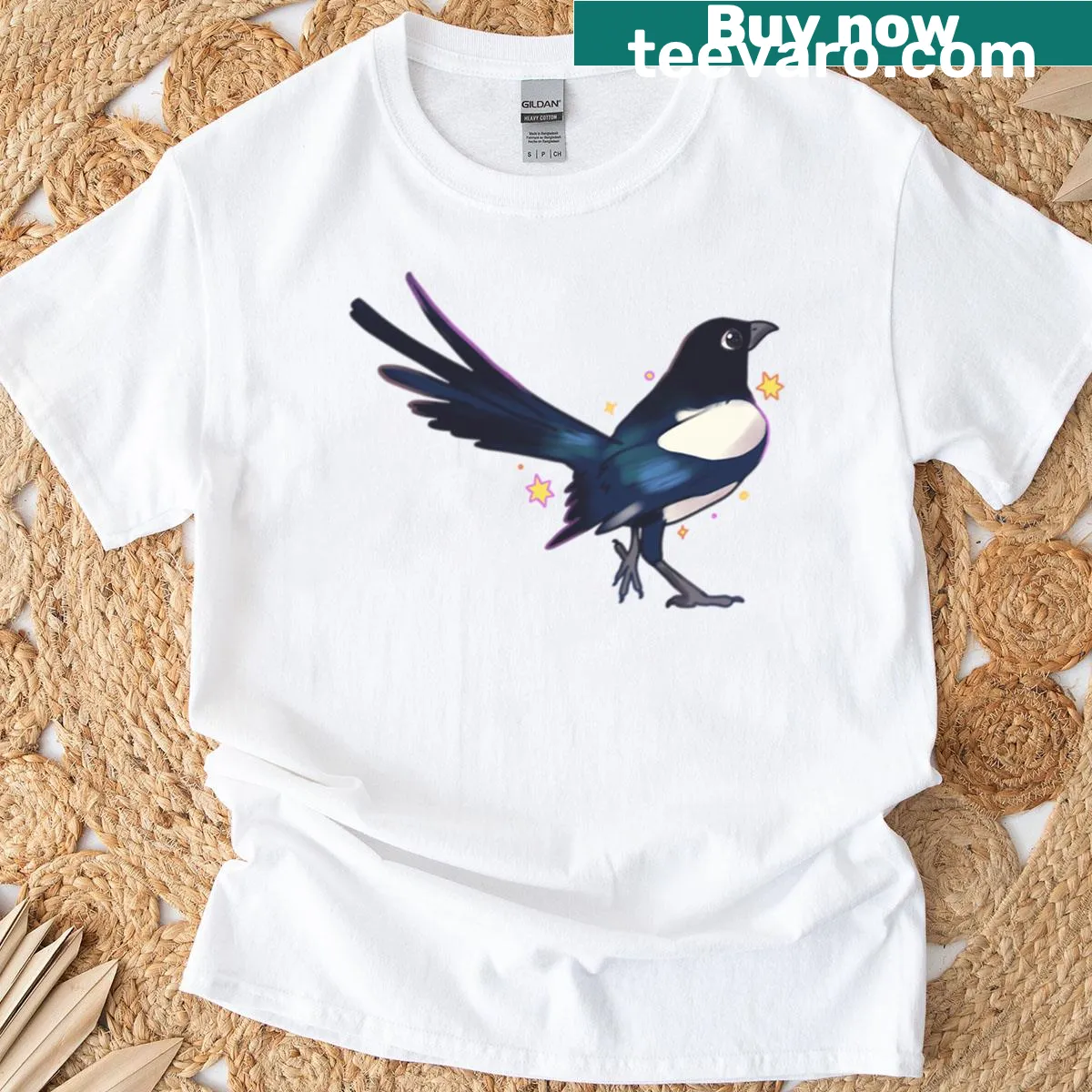 Cartoon magpie graphic t-shirt for kids — on a men's t-shirt