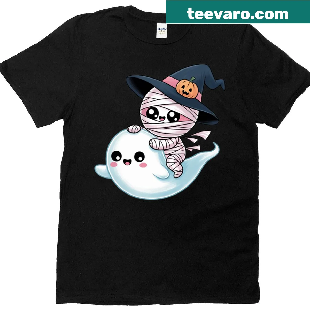 A cute mummy riding a ghost with a witch hat illustration on a T-shirt — on a men's t-shirt