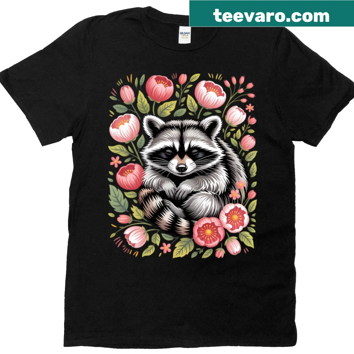 Adorable raccoon surrounded by flowers on t-shirt — on a men's t-shirt