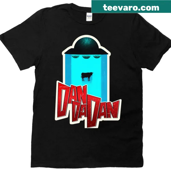 Anime-style cow abduction by UFO graphic on a T-shirt
