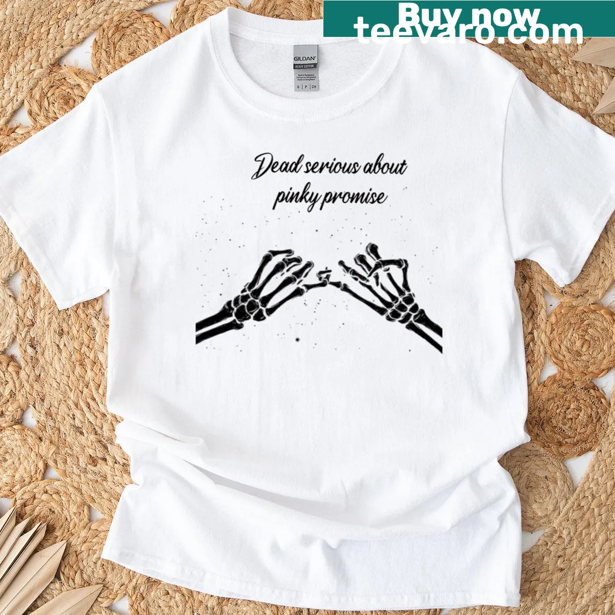 Skeletons making a pinky promise in a whimsical design — on a men's t-shirt