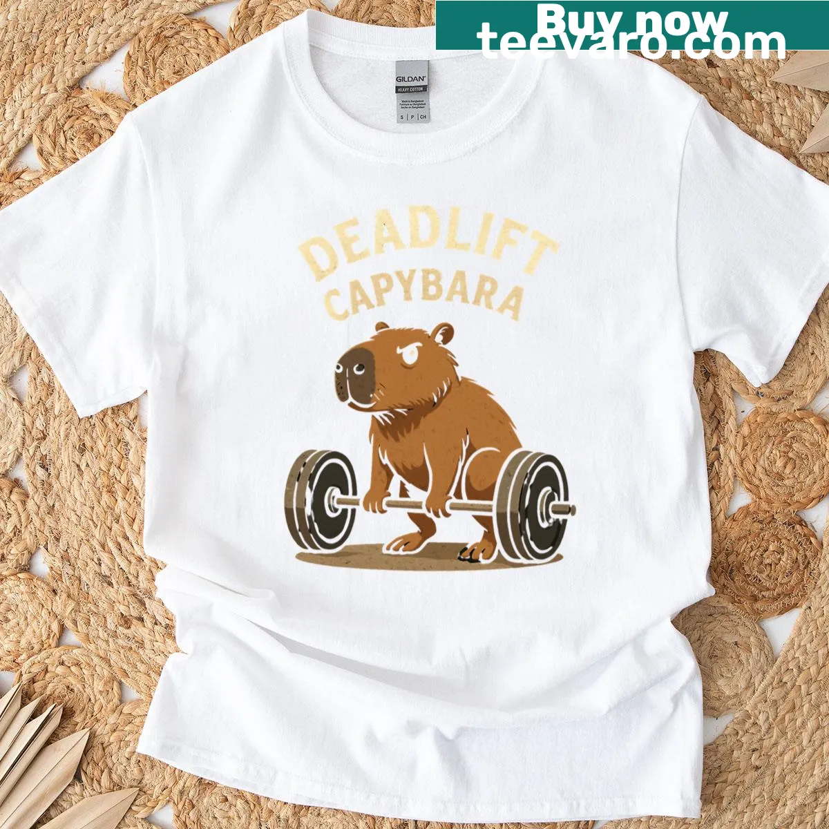 Cartoon capybara deadlifting in a vintage gym design t-shirt — on a men's t-shirt