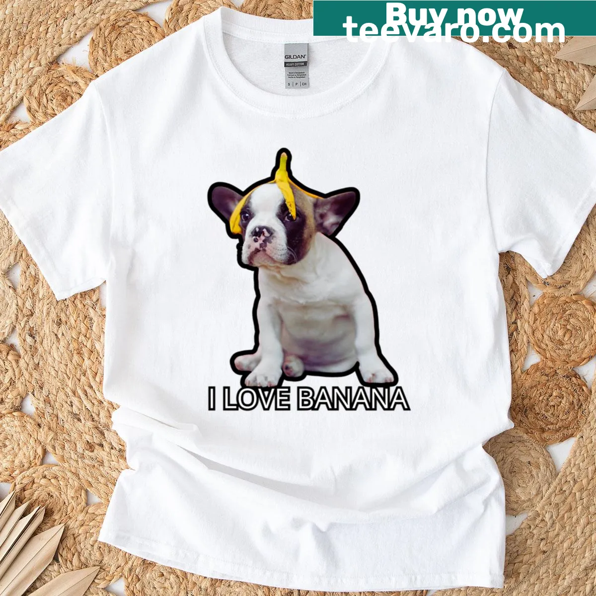 Cartoon dog enjoying a banana on a playful T-shirt — on a men's t-shirt
