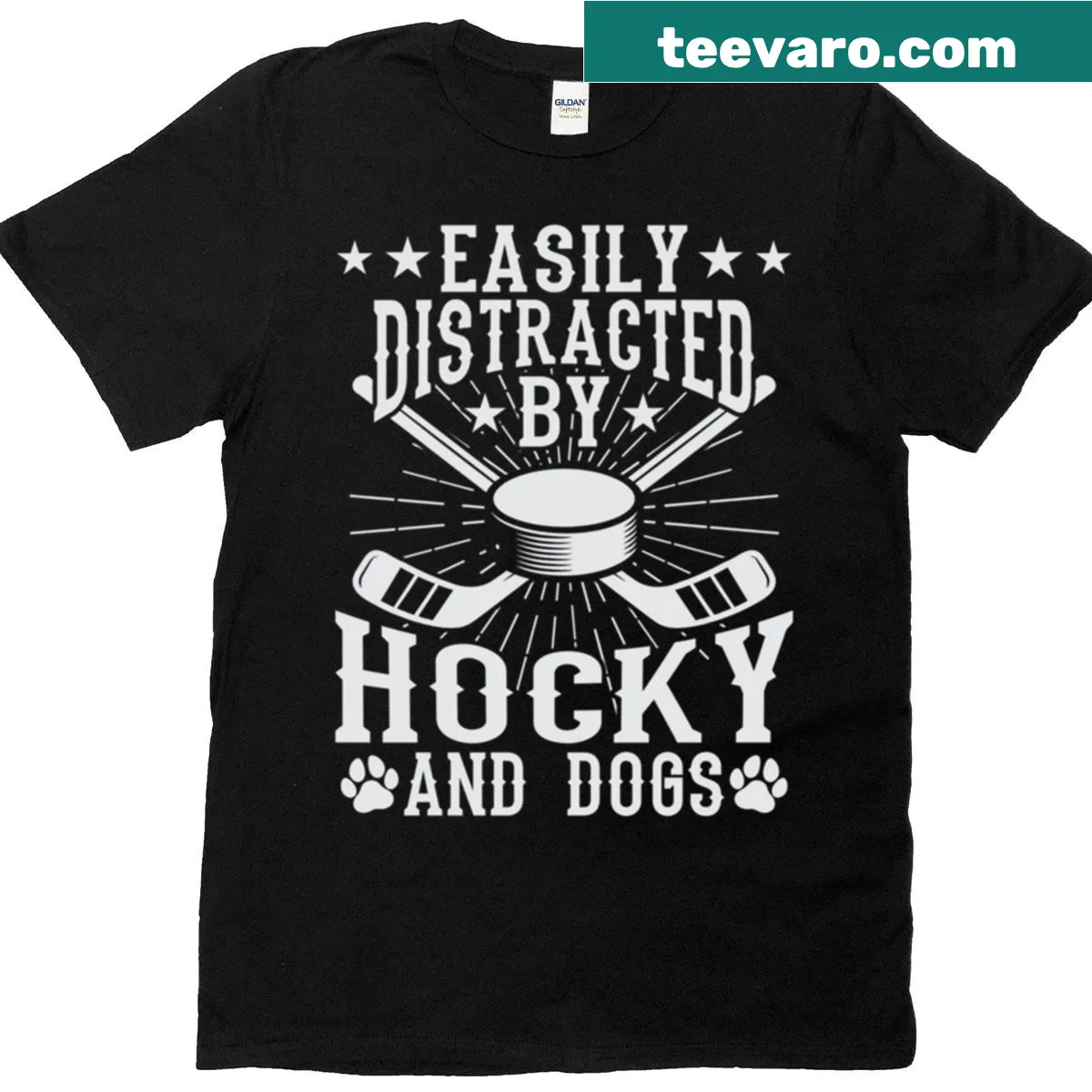 Playful t-shirt with the phrase Easily Distracted By Hockey Dogs — on a men's t-shirt