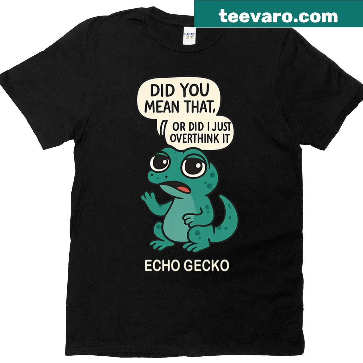 Playful typography shirt featuring a gecko with the text 'Lost In Repetition.' — on a men's t-shirt