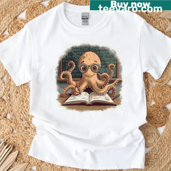 Oversized t-shirt featuring a playful eight-legged creature illustration for teachers