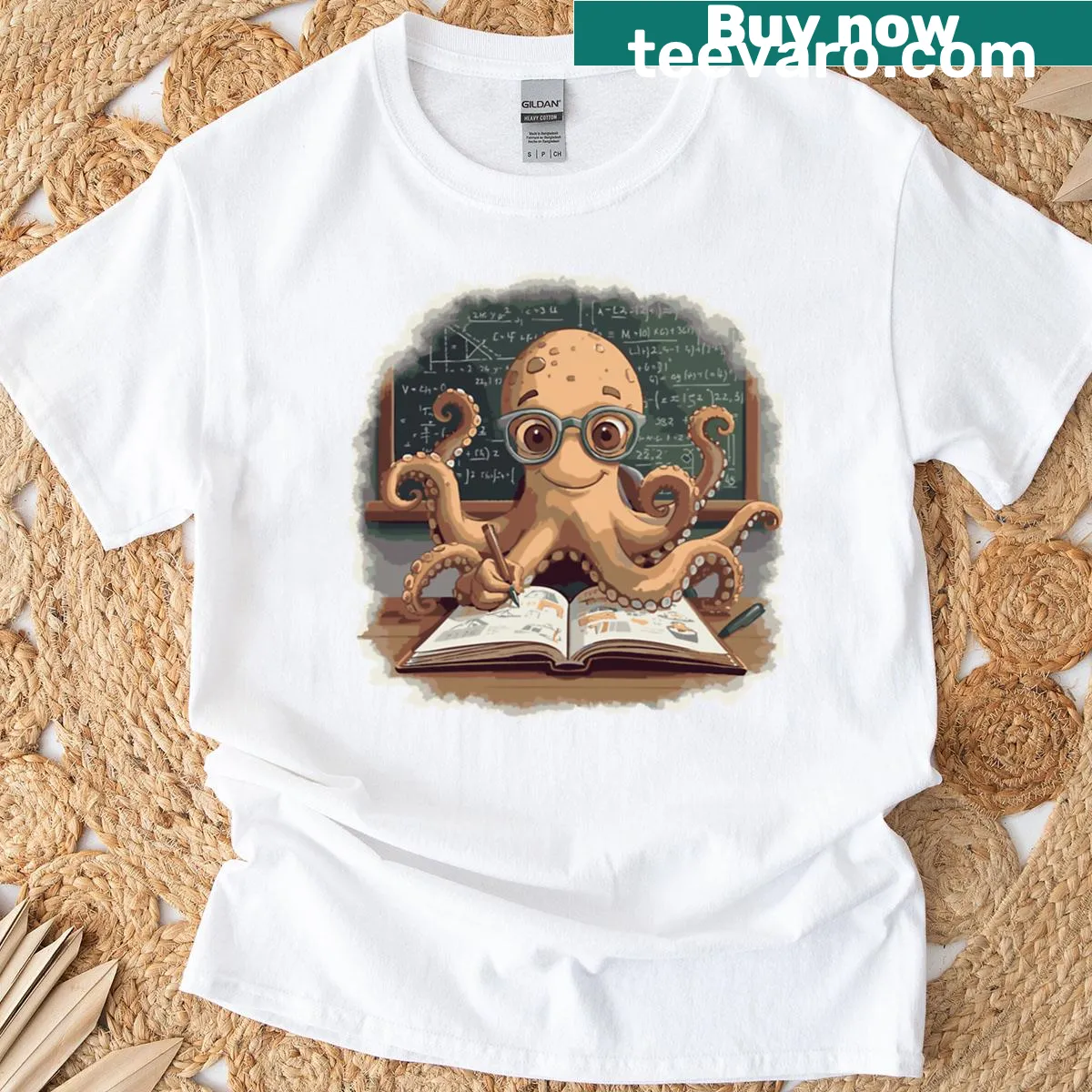 Oversized t-shirt featuring a playful eight-legged creature illustration for teachers — on a men's t-shirt