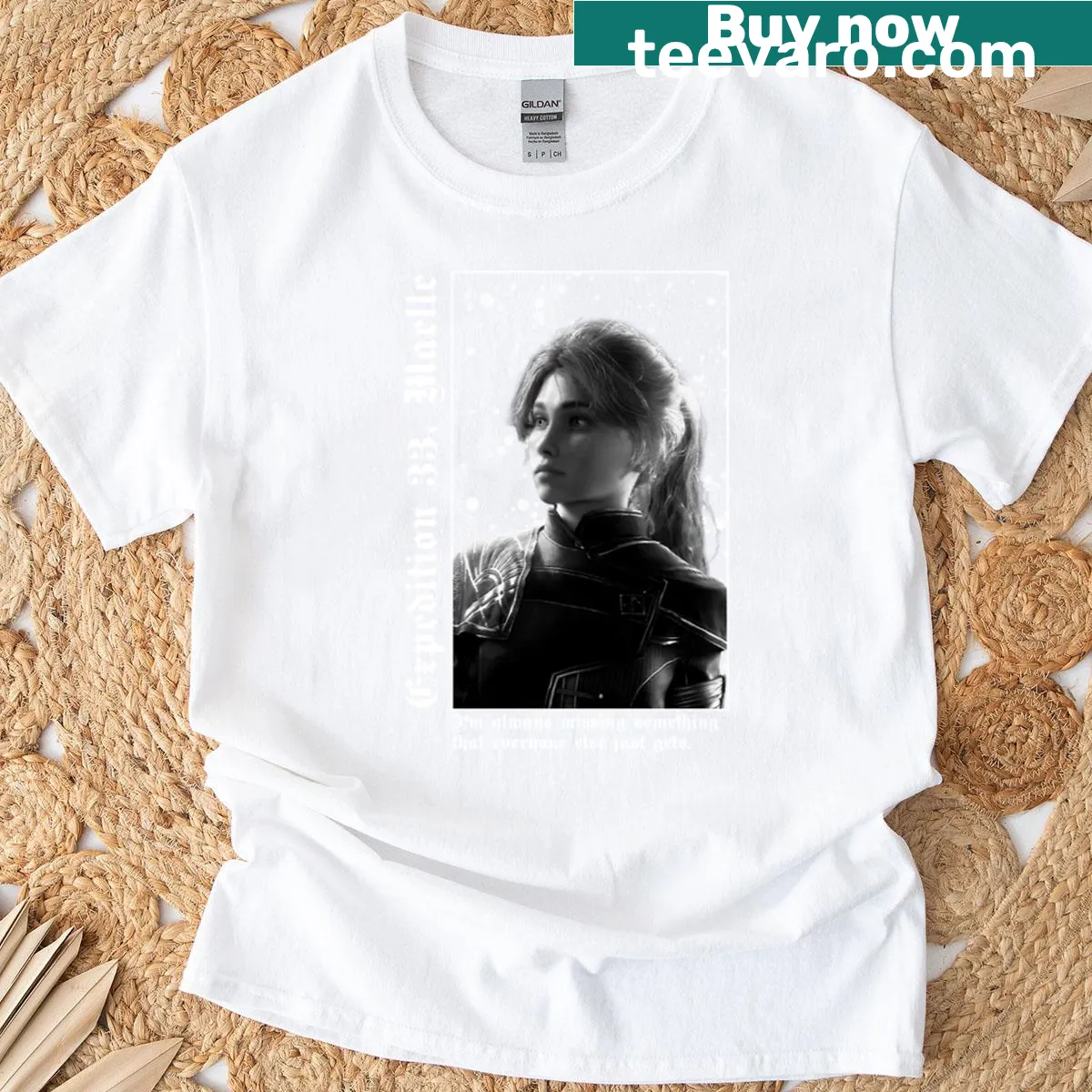 Adventure-themed t-shirt with 'Expedition 33' text — on a men's t-shirt